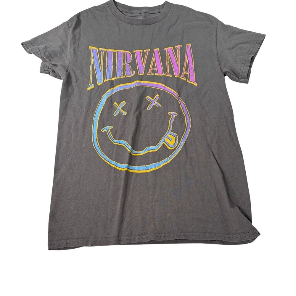 Nirvana T shirt, gray with rainbow smiley face. reproduction. Size S. band tee